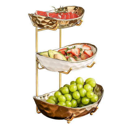 Afeyibu 3-Tier Fruit Bowls for Kitchen Counter,Ceramic Bowl with Gold Metal Stand,3 Tier Fruit Basket for Fruit,Snack,Cake,Nuts,Dessert Storage