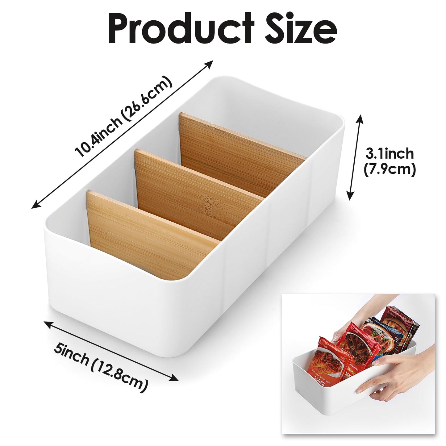 BSTKEY Seasoning Packet Organizer, Food Storage Organizer with Divided 4 Bamboo Wood Compartments, White Plastic Storage Caddy for Pantry Cabinet, Kitchen Organization Bin for Snacks Spice Packets