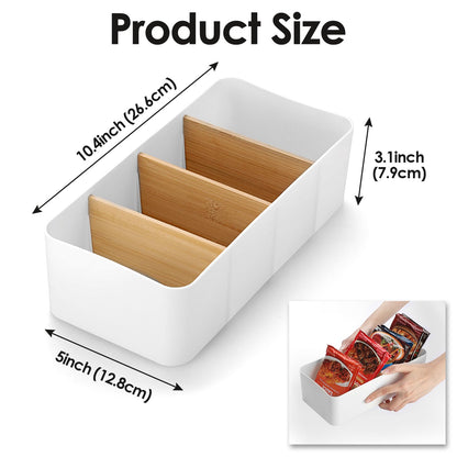 BSTKEY Seasoning Packet Organizer, Food Storage Organizer with Divided 4 Bamboo Wood Compartments, White Plastic Storage Caddy for Pantry Cabinet, Kitchen Organization Bin for Snacks Spice Packets