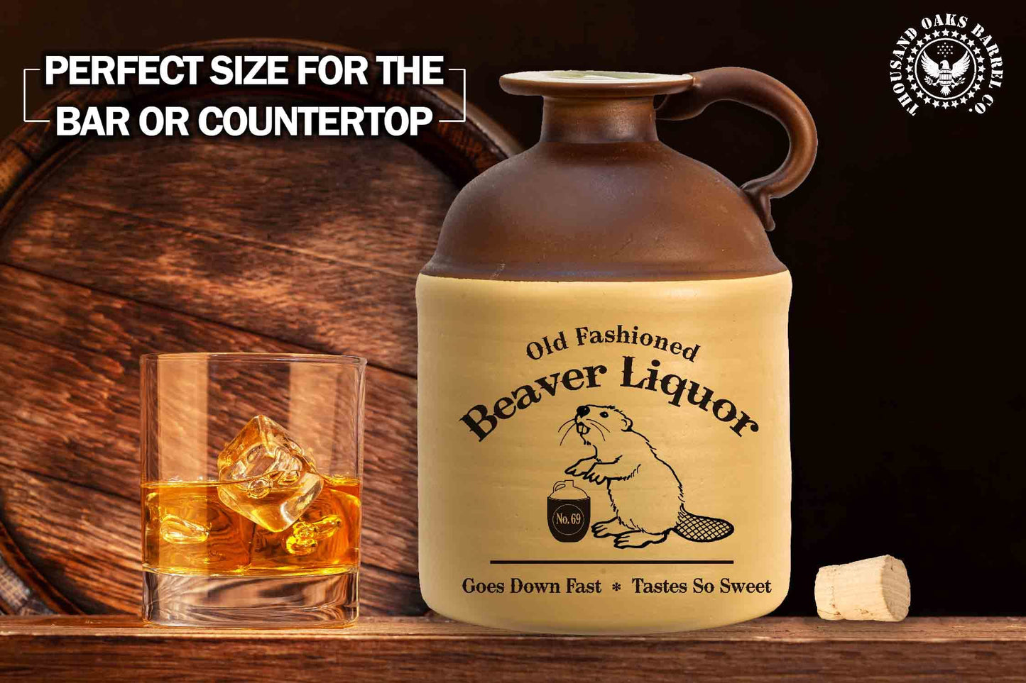 XXX Glass Moonshine Jug (750ml) - Traditional Old Style, Engraved Glass Liquor Whiskey Decanter Bottle w/Natural Cork Stopper and Finger Ring - Moonshine Gifts for Men (B271)