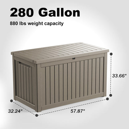 PatioZen 280 Gallon Outdoor Deck Box,Waterproof Resin Outdoor Storage Boxes, Outside Storage Lockable Container for Garden Tools,Indooor Cushions,Accessories (Grey)