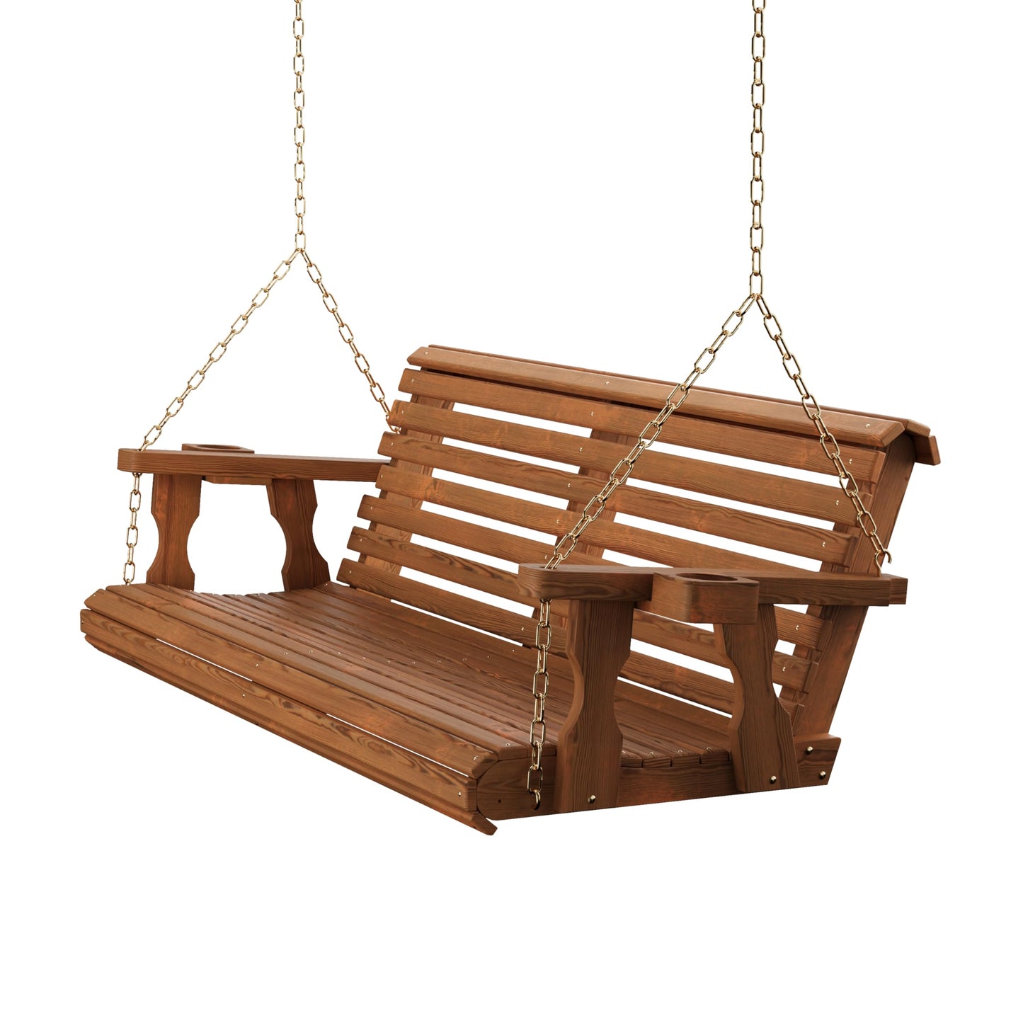 Amish Casual Heavy Duty 700 Lb Capacity Porch Swing with Cup Holders (4 Foot, Oak Stain) – Wooden Outdoor Roll Back Swing with Hanging Chains – Amish Made in the USA