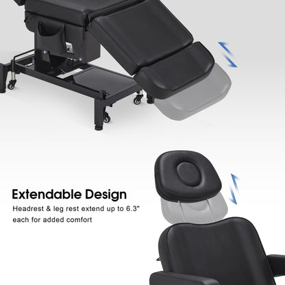 BarberPub Fully Electric Beauty Bed, 3-Motor Salon Spa Chair with Foot-Controlled Wheels, Adjustable Height, Backrest & Leg Rest – PVC Leather, Professional Facial & Treatment Table 2754 (Black)