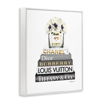 Stupell Industries Blooming White Floral Display on Glam Designer Bookstack Wall Art, 11 x 14, Black Framed