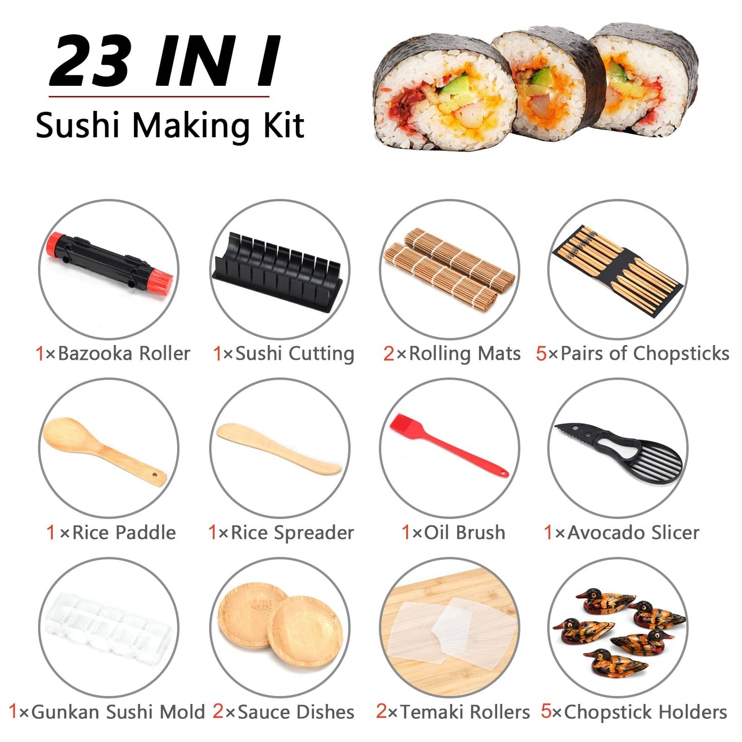 23pcs Sushi Making Kit, Complete Sushi Making Kit with Bazooka Roller, Sushi Mold, Bamboo Mats,Chopsticks, Sauce Dishes, Sushi Making Kit for Beginners & Pros Sushi Makers Kitchen Accessories