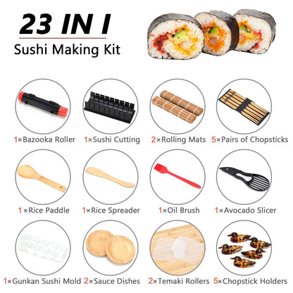 23pcs Sushi Making Kit, Complete Sushi Making Kit with Bazooka Roller, Sushi Mold, Bamboo Mats,Chopsticks, Sauce Dishes, Sushi Making Kit for Beginners & Pros Sushi Makers Kitchen Accessories