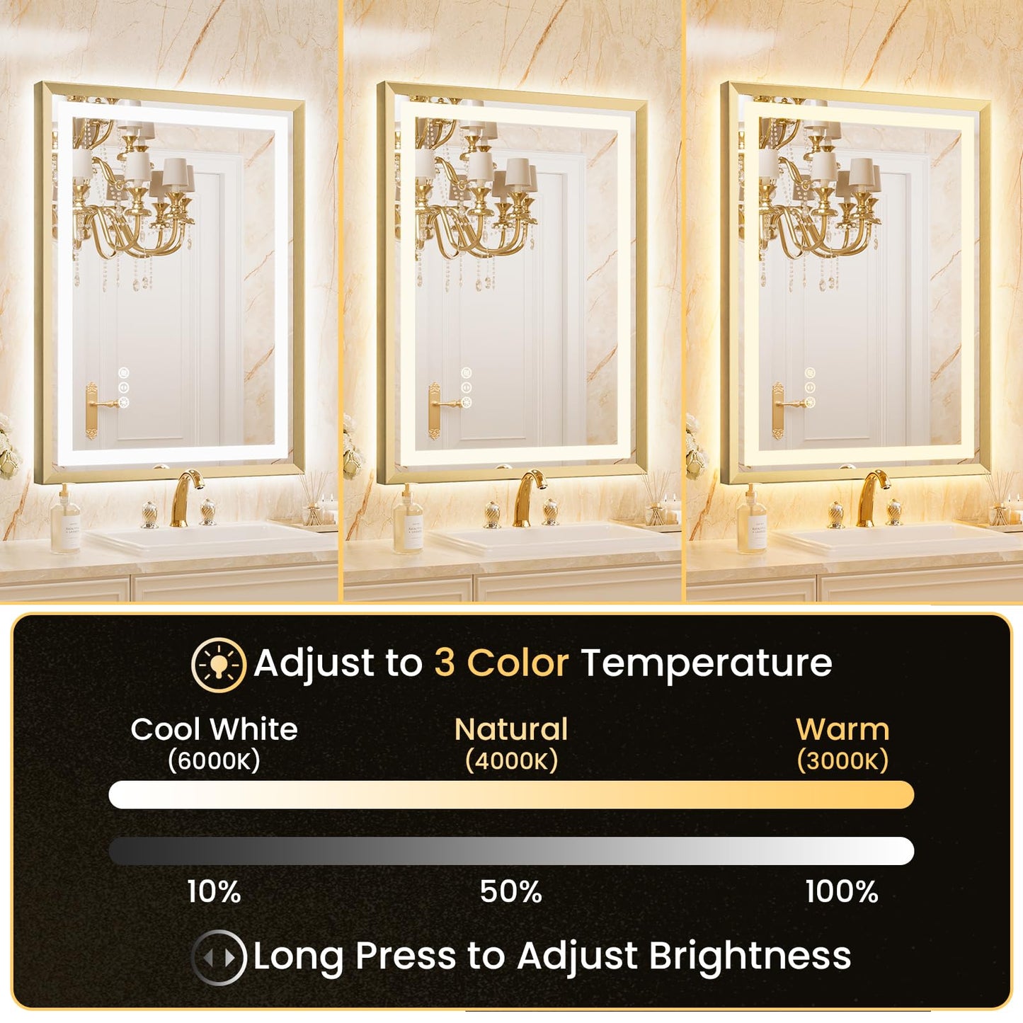 miskerm 55x36 Bathroom Mirror with Lights, Brushed Gold Metal Frame with Backlit + Front Lit, LED Bathroom Mirror, Anti-Fog, Dimmable, Bathroom Vanity Mirror Tempered Glass(Horizontal/Vertical)