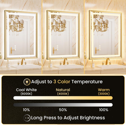 miskerm 55x36 Bathroom Mirror with Lights, Brushed Gold Metal Frame with Backlit + Front Lit, LED Bathroom Mirror, Anti-Fog, Dimmable, Bathroom Vanity Mirror Tempered Glass(Horizontal/Vertical)