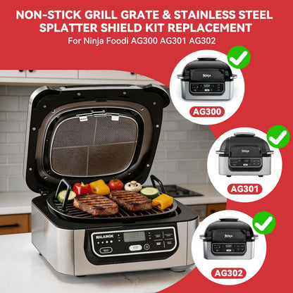 Grill Grate and Splatter Shield for Ninja Foodi 5-in-1 Grill Parts, Non-Stick Griddle Pan and Splatter Screen for Ninja Foodi AG300, AG301C, AG302, AG400 Accessories