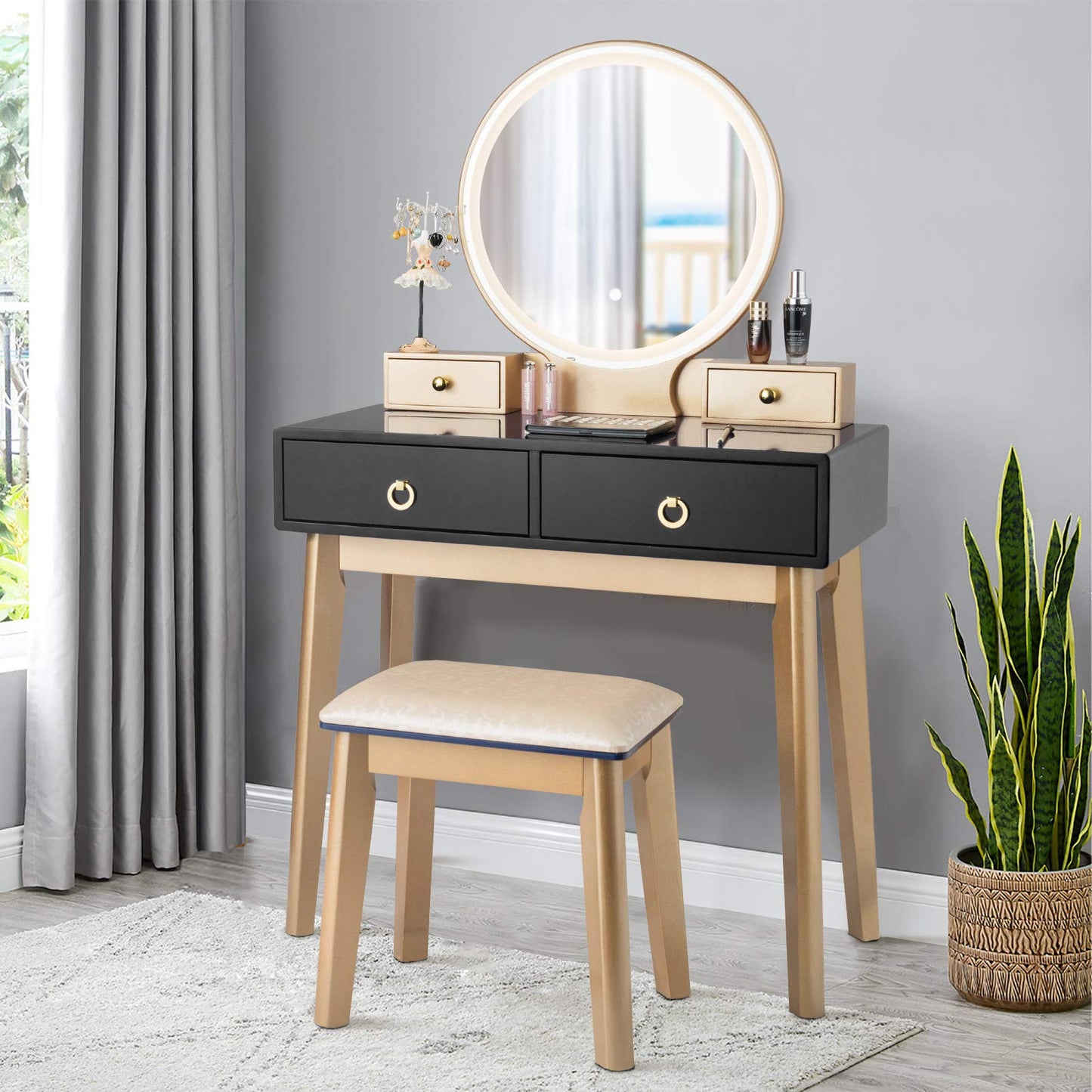 FANTASK Vanity Table Set, LED Lighted Makeup Table w/ 3 Color Round Lighting Mirror Touch Screen 4 Drawers, Makeup Dressing Table w/Cushioned Stool for Bedroom (Black)