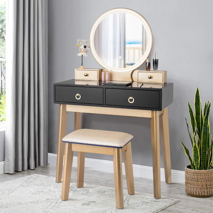 FANTASK Vanity Table Set, LED Lighted Makeup Table w/ 3 Color Round Lighting Mirror Touch Screen 4 Drawers, Makeup Dressing Table w/Cushioned Stool for Bedroom (Black)