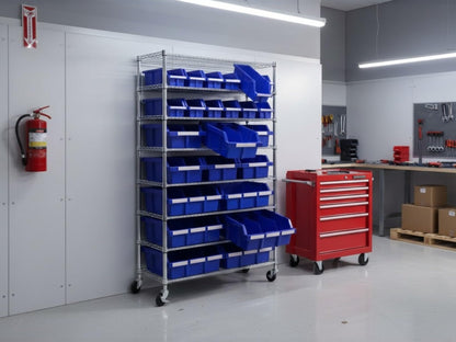 24-Bin Rolling Rack, Mobile Wire Shelving Unit with Blue Storage Bins, 8-Tier Chrome Cart, 36" W x 14.25" D x 63.5" H
