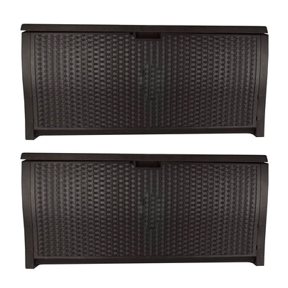 Suncast 99 Gallon Plastic Wicker Deck Box Container Storage for Garden, Garage, Home, Pool, Indoor and Outdoor Use, Mocha (2 Pack)