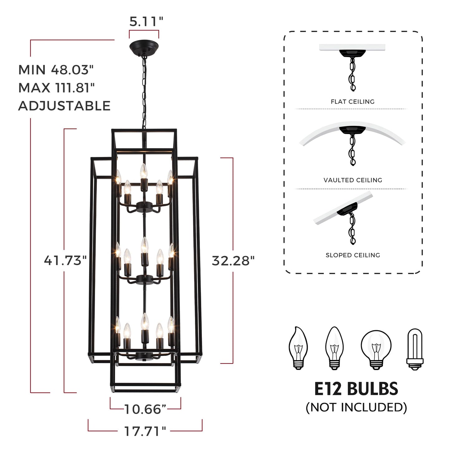 Xuridongsheng 15-Light Lantern Chandelier for Foyer Large Black High Ceiling Chandelier with 3-Tier Candle Design, Modern Farmhouse Entryway Lighting Fixture for Staircase, Two Story Living Room, E12