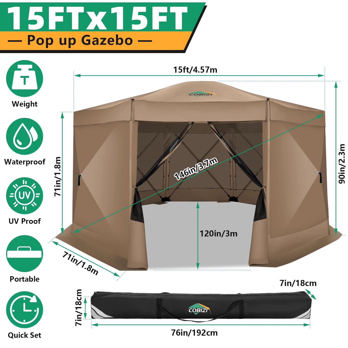 COBIZI 15x15FT Pop Up Gazebo Screen Tent Screen House for Camping, Screen Room with Mosquito Netting, Hub Tent Instant Screened Canopy with Carrying Bag and Ground Stakes, Khaki