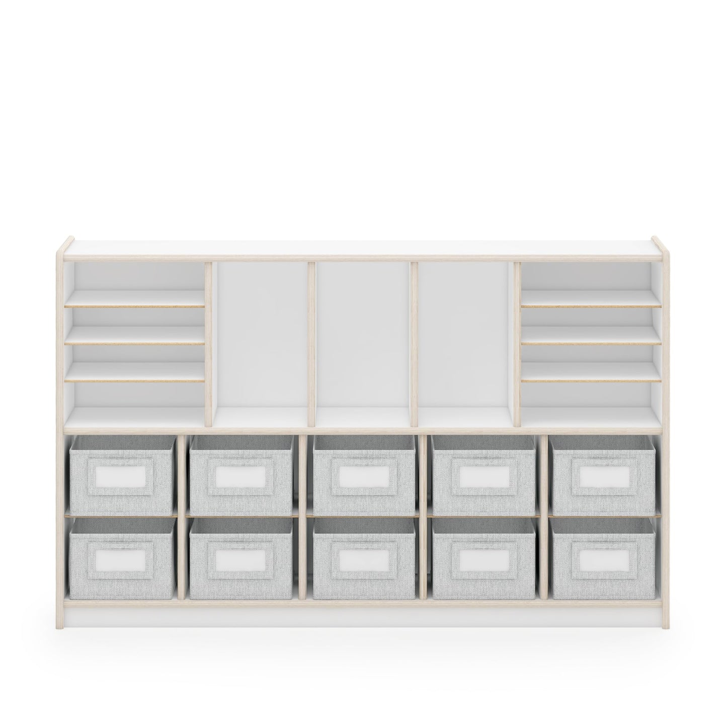 Guidecraft EdQ Shelves and 10 Bin Storage Unit- White: Display Shelf Storage Organizer for Home, School and Office; Wooden Book Cubby and Toy Shelf