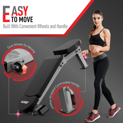 JOROTO Adjustable Weight Bench, 1300LBS Foldable Bench Press Bench of Home Gym Strength Training, Incline Decline Flat Utility Workout Bench with Wheels, Extended Backrest | Multiple Positions