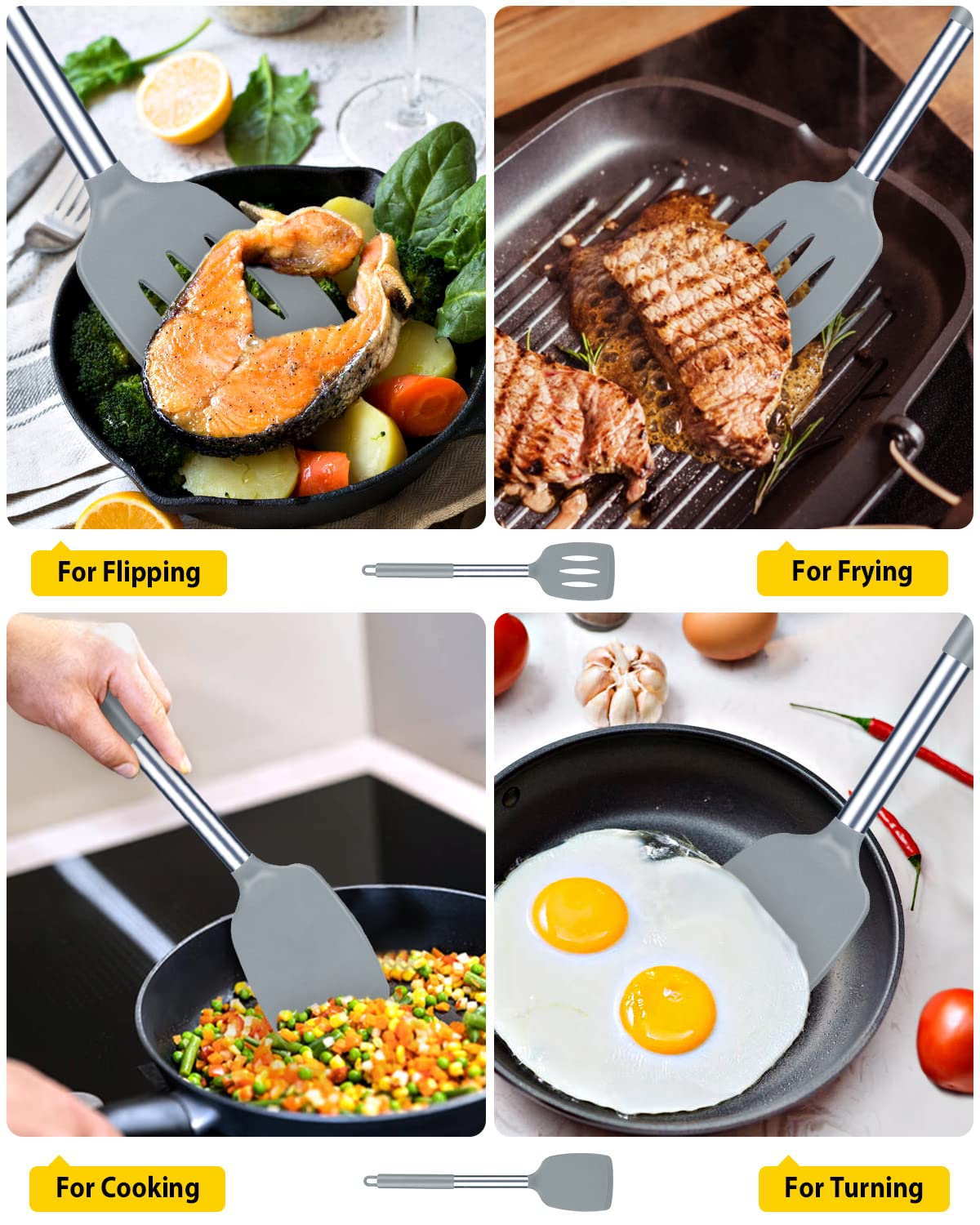 Pack of 2 Silicone Solid Turner, Non Stick Slotted Kitchen Spatulas, High Heat Resistant BPA Free Cooking Utensils, Ideal Cookware for Fish, Eggs, Pancakes(Gray)