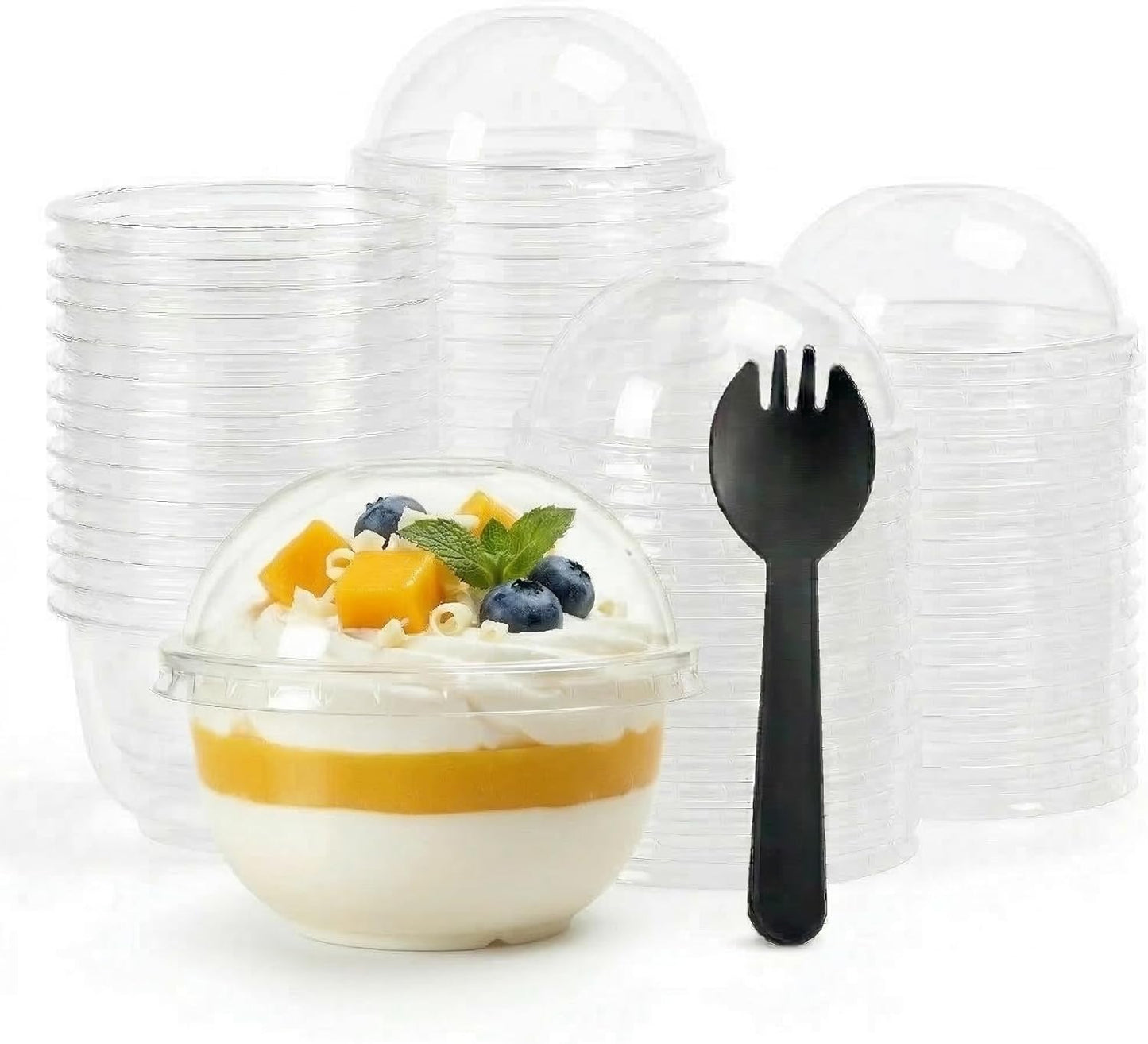 20 Pack 8.5oz Disposable Parfait Dessert Cups with Dome Lids & Black Sporks - Clear Parfait Cups for yogurt, Fruit