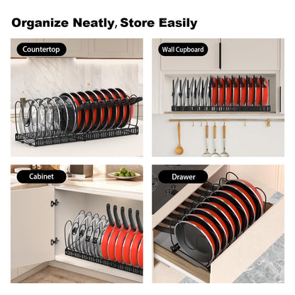 Housolution 2 Pack Pot and Pan Organizer, 12"-23" Expandable Pot Lid Organizer with 14 Adjustable Dividers, Pan Lid Holder Storage Rack for Cabinet, Black