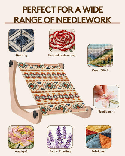 eZAKKA Adjustable Embroidery Table Stand, Wooden Embroidery Hoop Holder & Needlepoint Frame with 2 Size Rods (13.9" & 17.7"), Cross Stitch Holder for Hand Work & Lap Stitching with Both Hands Free