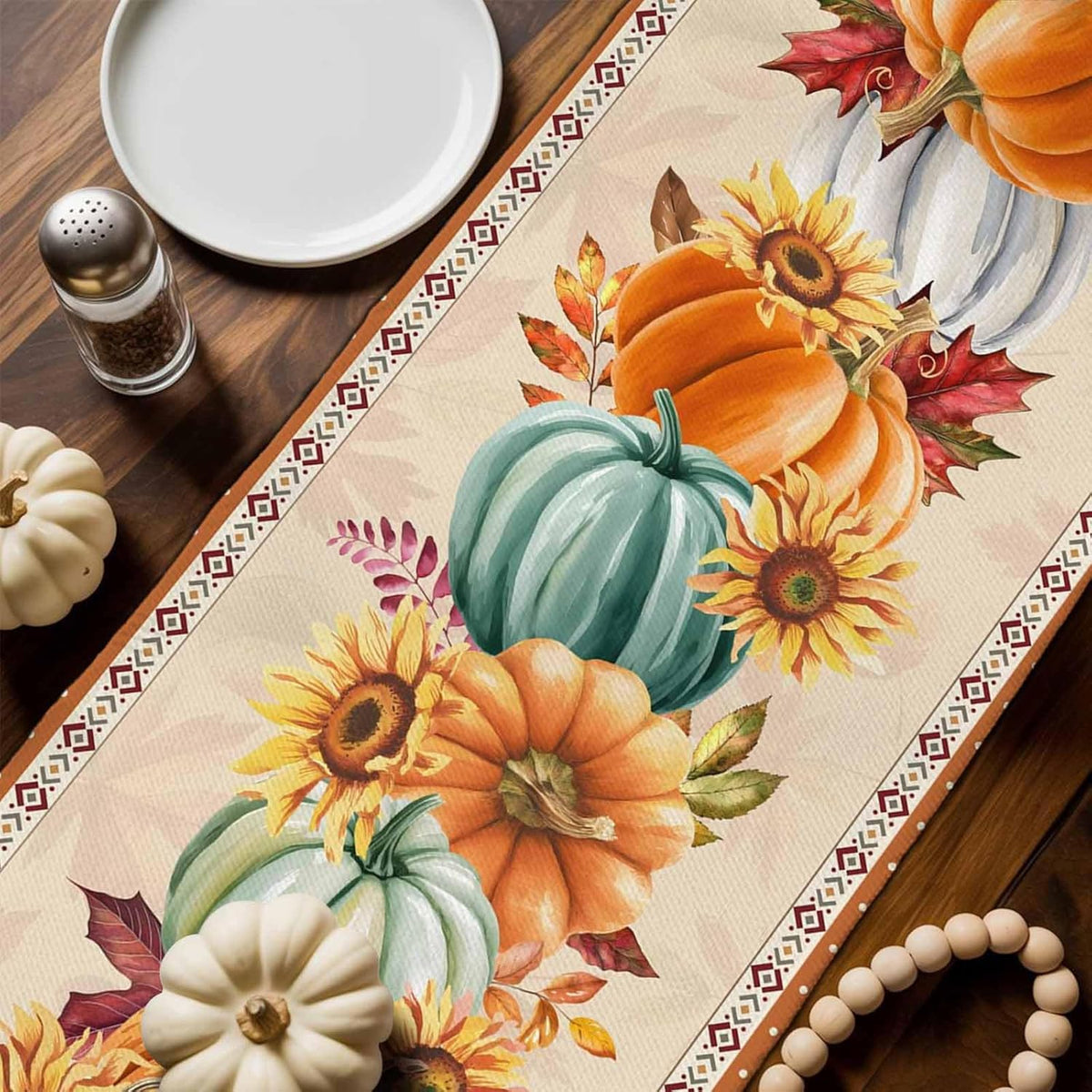 LooPoP 13x36 Inches Thanksgiving Fall Pumpkin Table Runners Maple Leaf Orange Lattice Long Washable Table Runner