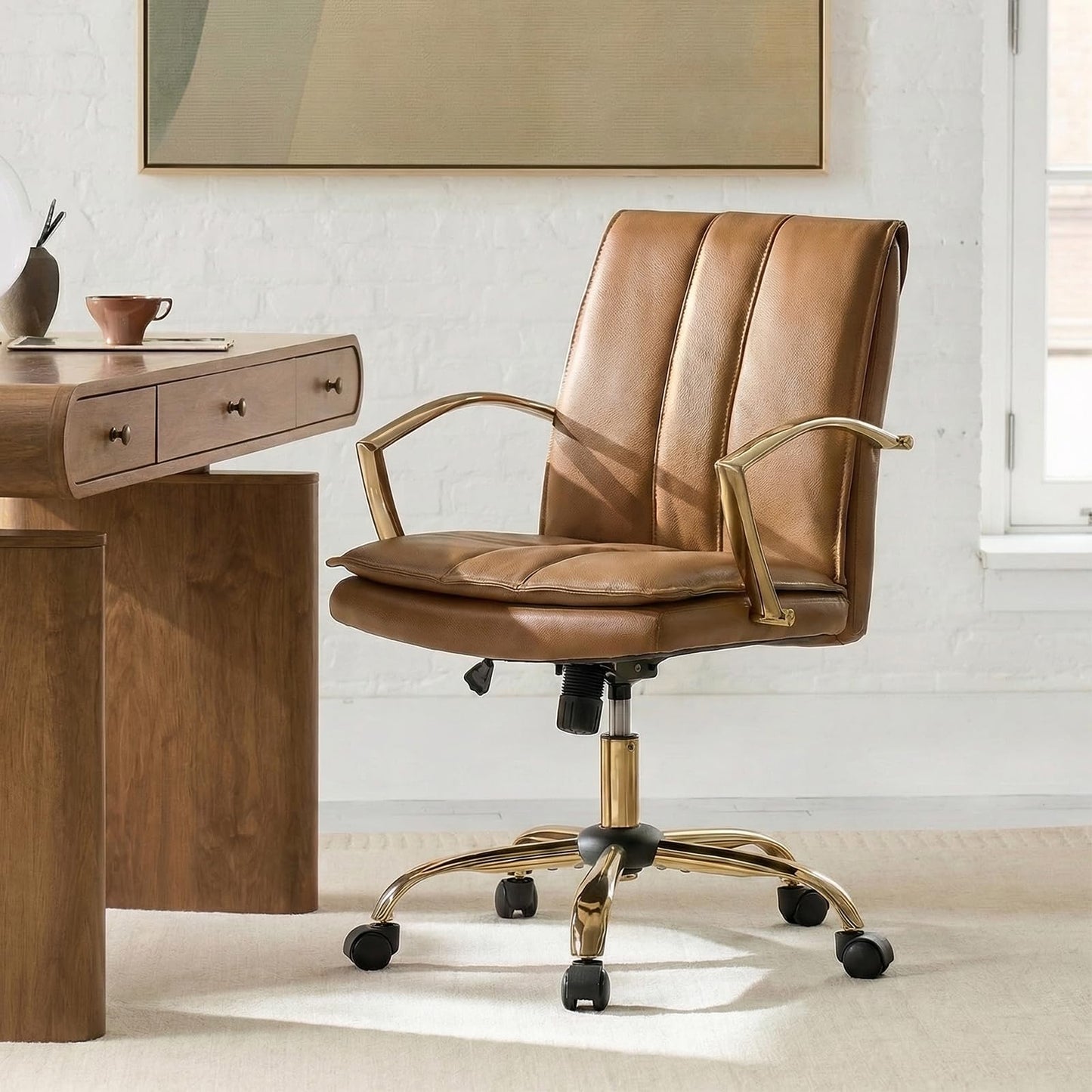 HULALA HOME Genuine Leather Home Office Chair with Rocking Tilt Function, Modern Swivel Executive Desk Chair with Golden Legs and Arms, Height Adjustable Upholstered Computer Task Chair, Camel