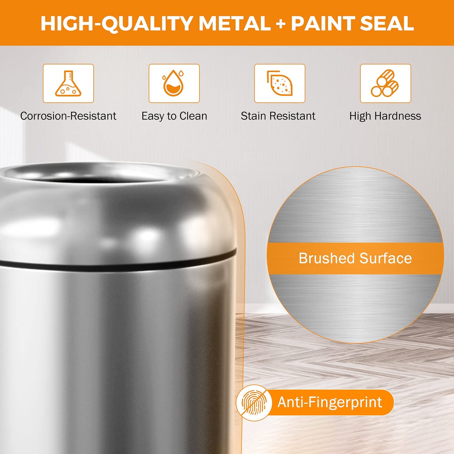 BEAMNOVA 16.5 Gallon Trash Can Black Open Top Large Outdoor Indoor Commercial Stainless Steel Industrial Waste Basket Container, Metallic Garbage Enclosure with Lid