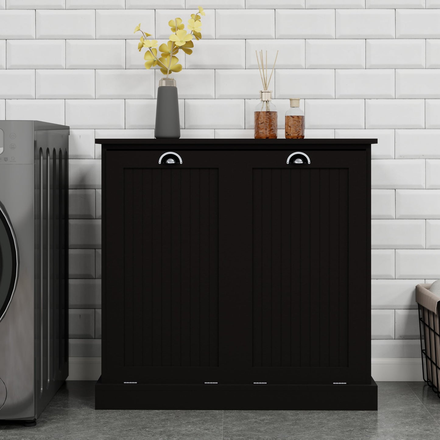 Two-Compartment Tilt-Out Laundry Sorter Cabinet,Ample Storage Laundry Hamper Cabinet with 2 Removable Cloth Bags for Bathroom,Laundry Room (Black)