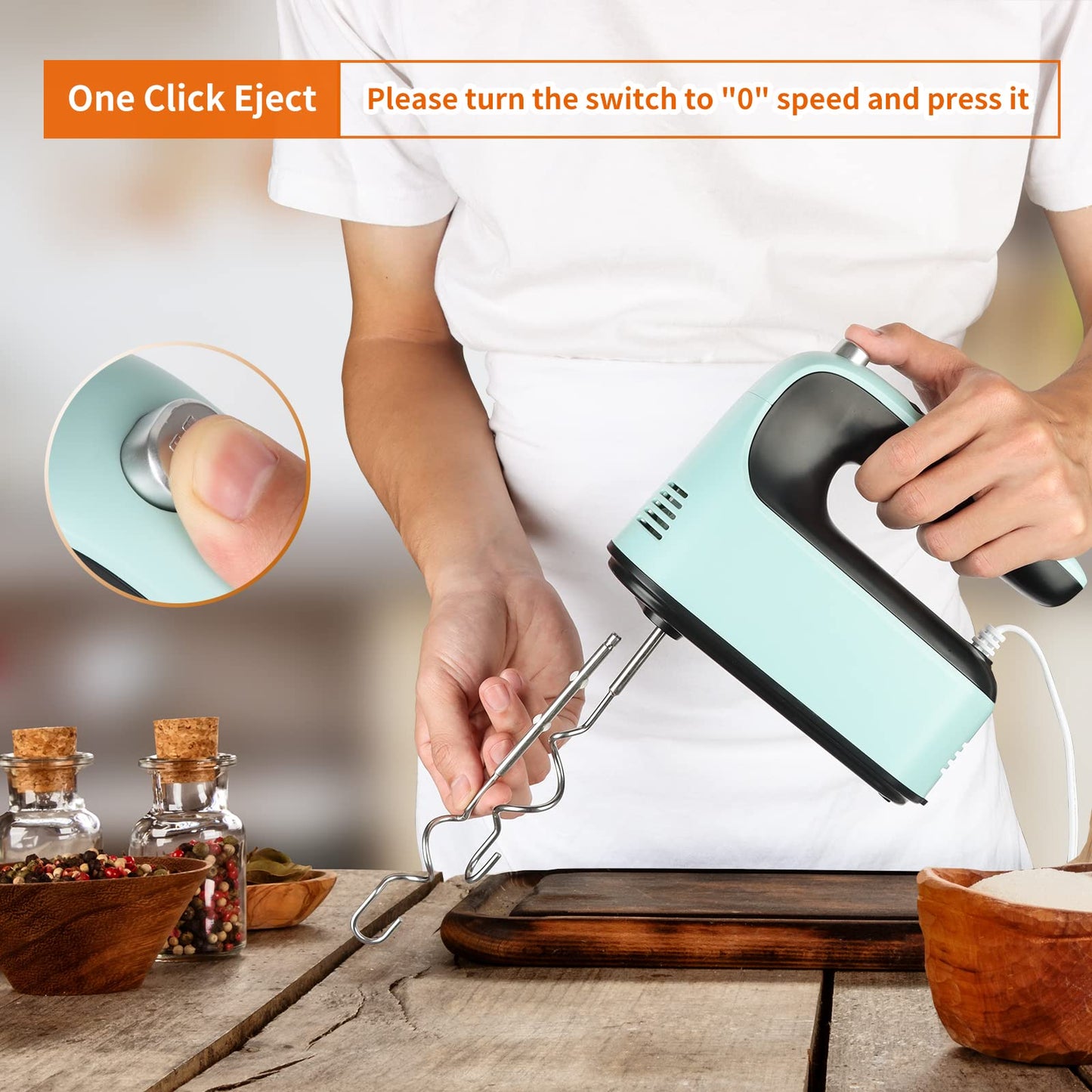 Yomelo 9-Speed Digital Hand Mixer Electric, 400W Powerful DC Motor, Hand Mixer Electric Handheld with Snap-On Storage Case, 5 Stainless Steel Accessories, Beaters, Dough Hooks, Whisk(Ice Blue/Black)