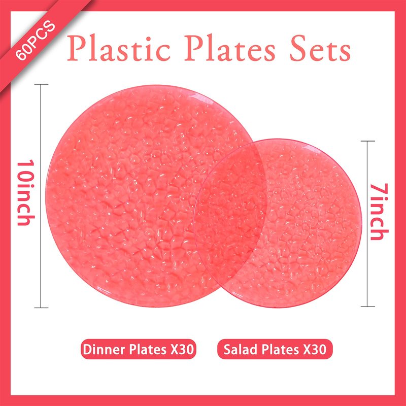 Rubtlamp 60Pcs Red Plastic Plates, Heavy Duty Clear Red Disposable Plates, Fancy Hammered Plastic plates Include 30 Dessert Platos, 30 Dinner Platos for Party Mother's Day