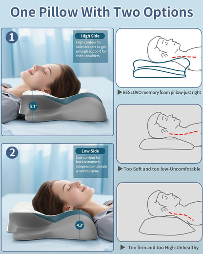 Cervical Neck Pillow for Pain Relief - Ergonomic Side Sleeper for Sleeping, Cooling Memory Foam Pillows for Neck Support, Contour Orthopedic Bed Pillow for Back Stomach Sleepers