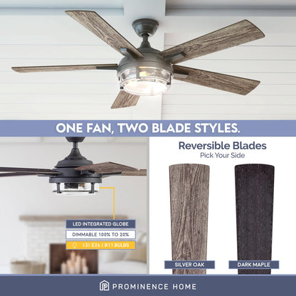 Prominence Home Freyr, 52 Inch Indoor Outdoor LED Ceiling Fan with Light, Remote Control, Dual Mounting Options, 5 Dual Finish Blades, Reversible Motor - 51484-01 (Textured Black)