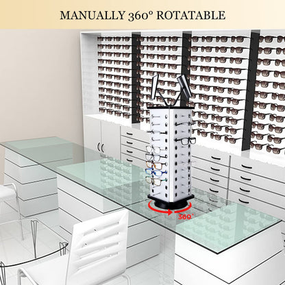VARIPOWDER 360° Rotating Sunglass Display Stand – Sunglasses Organizer for Commercial & Home Use, Eyeglass Holder Stand, Space-Saving Sunglasses Display Rack with Mirror for 44 Pairs of Glasses