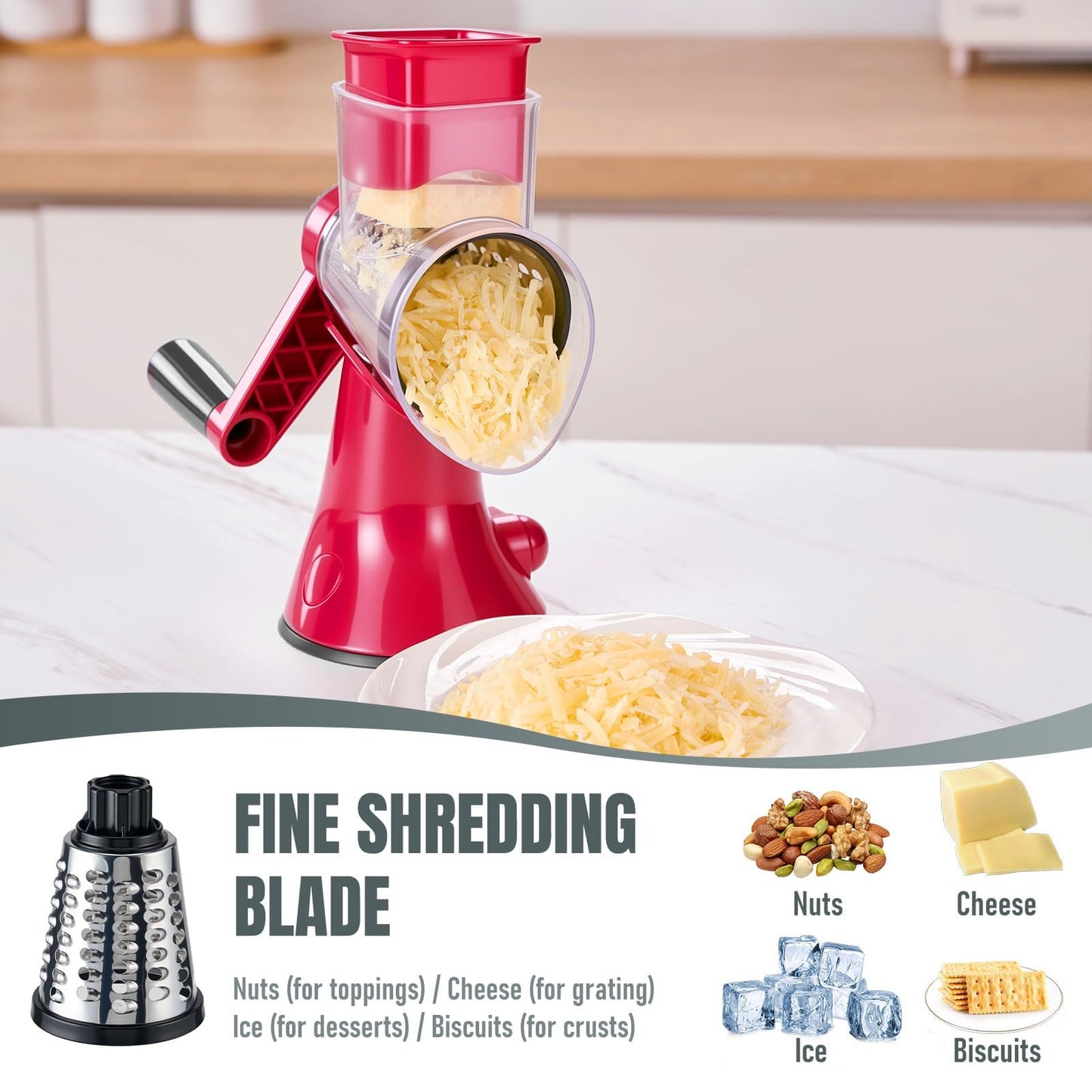 KYZ Rotary Cheese Grater - 12X Faster Hand Crank Vegetable Slicer with 3 Premium Stainless Steel Blades, Strong Suction Base, Dishwasher Safe Food Shredder for Cheese, Vegetables, Nuts, Chocolate