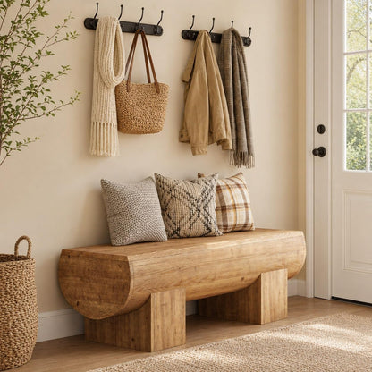 TRIBEWOOD 47 Inch Wooden Entryway Bench, Solid Wood End of Bed Bench Seat, Farmhouse Indoor Bench for Bedroom, Hallway, Living Room, Brown