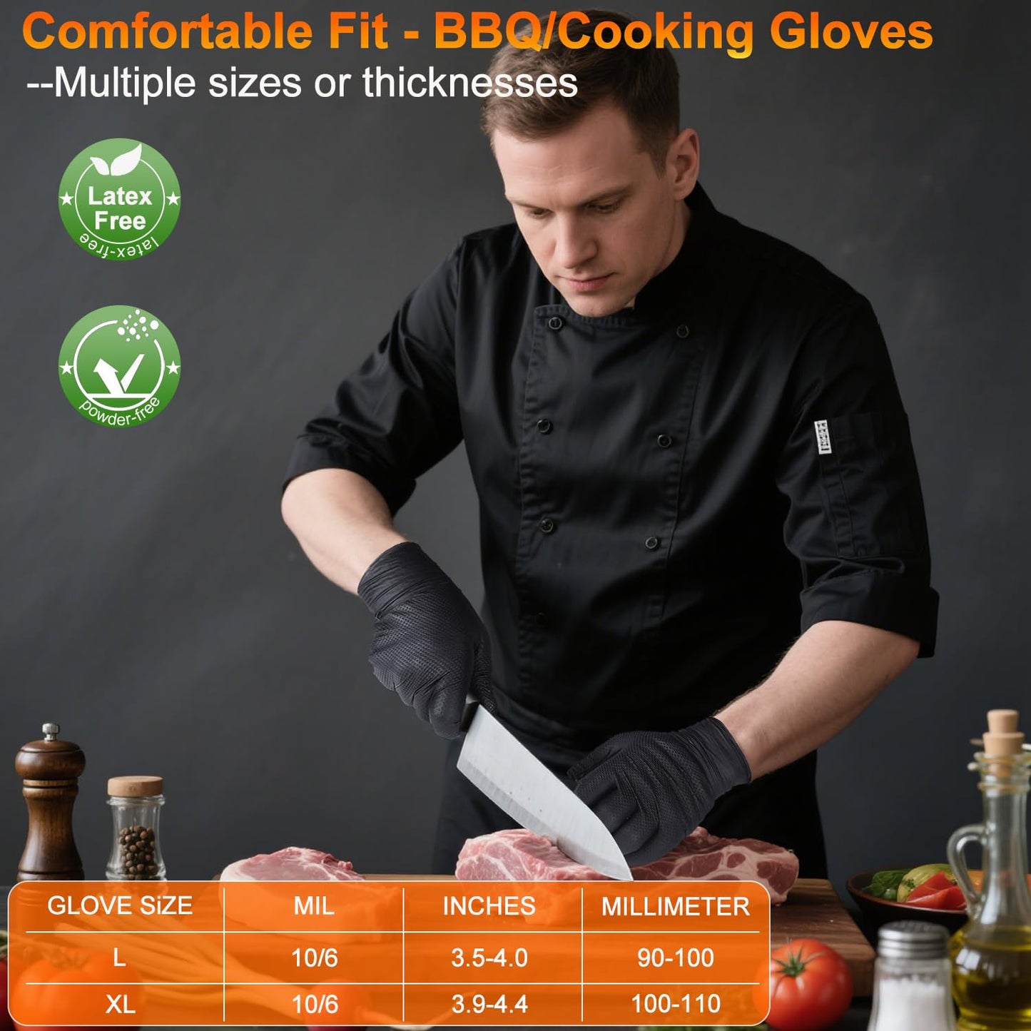 ANBOSON BBQ Gloves for Grilling Disposable Heat Resistant - 100 Nitrile Gloves + 4 Reusable Cotton Liners for Barbecue Smoker, Cooking Hot Meat - 10Mil Thick, Non-Slip Grip - Black Large