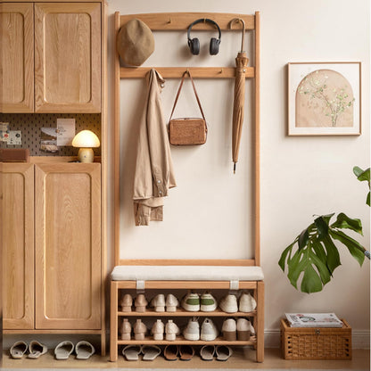Vadisun Oak Coat Rack, Solid Wood Hall Tree with Shoe Bench, 2-Tier Shoe Rack with 7 Hooks for Entryway, Hallway, 13.8" x 31.5" x 72.8", Natural