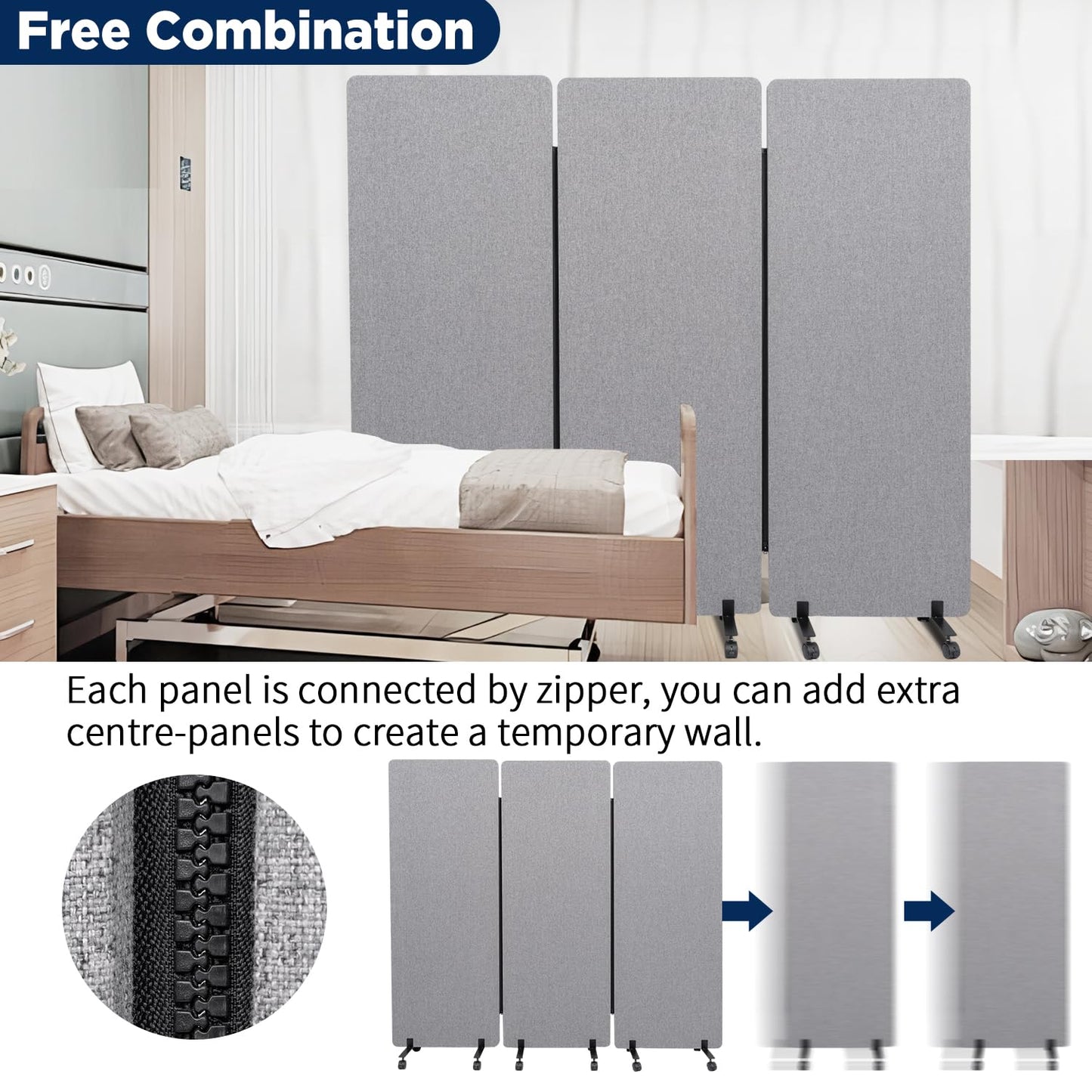 Room Divider Soundproof Privacy Panel with Wheels, 3 Panel Portable Office Wall Divider for Room Partition, Soundproof Partition Room Dividers Cubicle Wall Temporary Wall Space Separator for Office