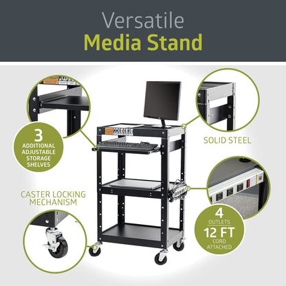 Pearington AV Presentation Cart Stand for Video Projector, TV, Laptop Computers, Printers, Metal Construction Rolling Storage Cart with Adjustable Shelves, 4 Wheels, 4 Outlets, 12ft Cord, Black