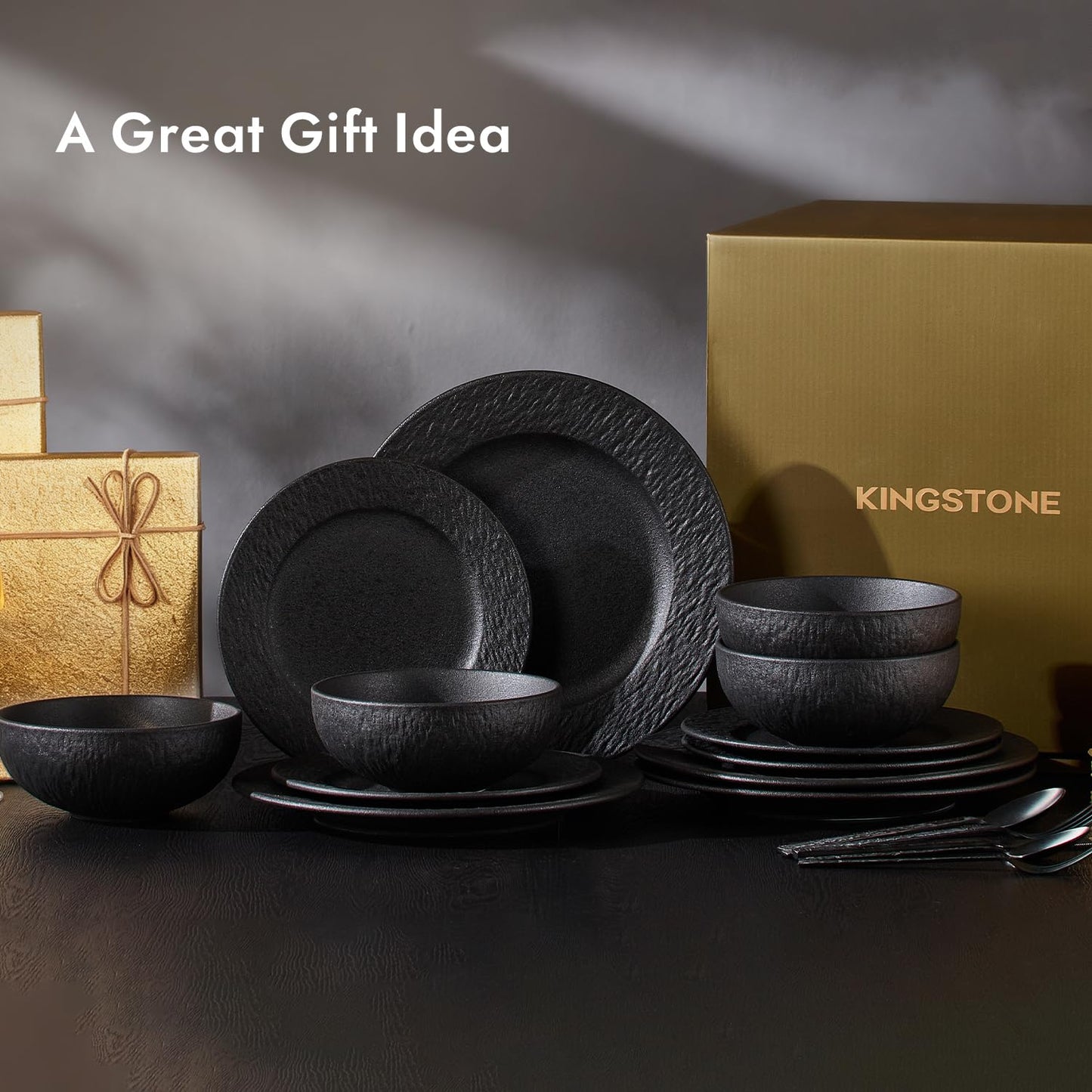 KINGSTONE Black Dinnerware Sets, 24-Piece Matte Marble Pattern Premium Porcelain, Place Setting with Dinner Plate, Salad Plate, Pasta Bowl, Microwave and Dishwasher Safe