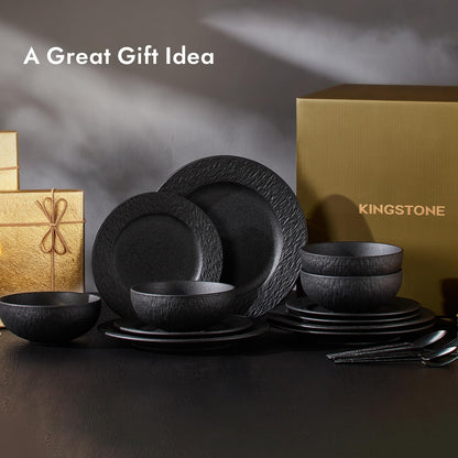 KINGSTONE Black Dinnerware Sets, 24-Piece Matte Marble Pattern Premium Porcelain, Place Setting with Dinner Plate, Salad Plate, Pasta Bowl, Microwave and Dishwasher Safe