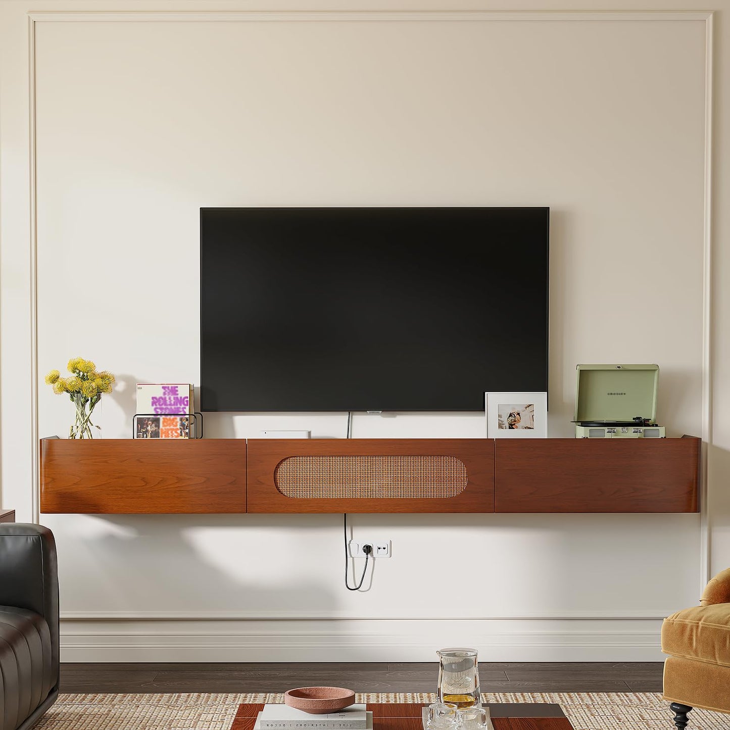 FurniNova Fully Assembled Floating TV Stand Wall Mounted 47'',High Gloss Floating Media Console with 2 Drawers & Rattan Door, Under TV Shelf for Living Room Bedroom Entertainment Center,Walnut
