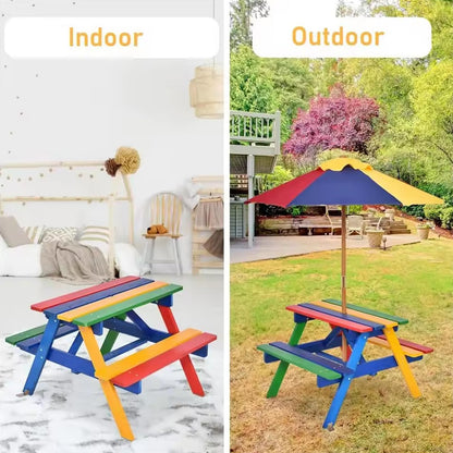 RUYICZB Kids Picnic Tables for Outdoors, Wooden Childrens Table & Bench Set with Removable Umbrella, Toddler Picnic Table Indoor Or Outdoor Activity Set for Backyard Or Patio