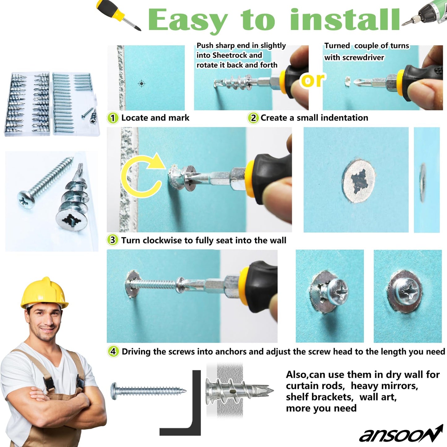 Ansoon Zinc Self-Drilling Drywall Anchors with Screws Kit, 25 Heavy Duty Metal Wall Anchors and 25#8 x 1-1/4'' Screws - 50 Pieces All Together