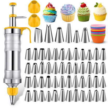 NOVANO Dessert Decorating Syringe Set, Frosting Piping Kit Stainless Steels Cake Decorating Kit with 54 Piping Tips & 9 silicone cupcakes, Cupcake Decorating Kit Piping Bags and Tips Set (Yellow)