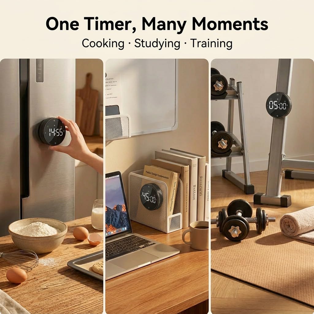 TLTWHS Rechargeable Magnetic Kitchen Timer, LED Countdown/Count-Up Timer, Supports USB-C Charging, with Loud Alarm, 3 Preset Quick Times (5/15/25m), Perfect for Kitchen Cooking, Studying, and Fitness