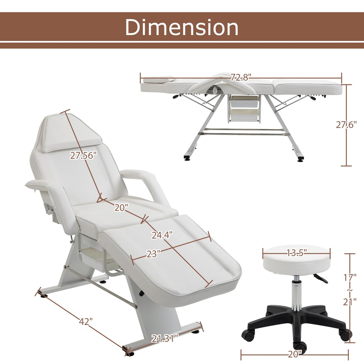 VroomAuto Hydraulic Facial Bed & Massage Chair with Stool, 3-Section Adjustable Esthetician Table for Spa, Tattoo, Beauty Salon, White