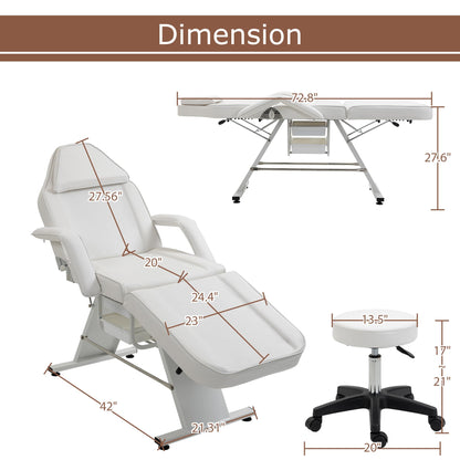 VroomAuto Hydraulic Facial Bed & Massage Chair with Stool, 3-Section Adjustable Esthetician Table for Spa, Tattoo, Beauty Salon, White