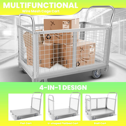 Heavy-Duty Platform Truck Cart with Cage, 2200LBS Capacity Reinforced Flatbed Truck for Warehouses. 4-in-1 Multifunctional Truck Cart with 360° Wheels, Versatile Platform Truck for Home & Business.